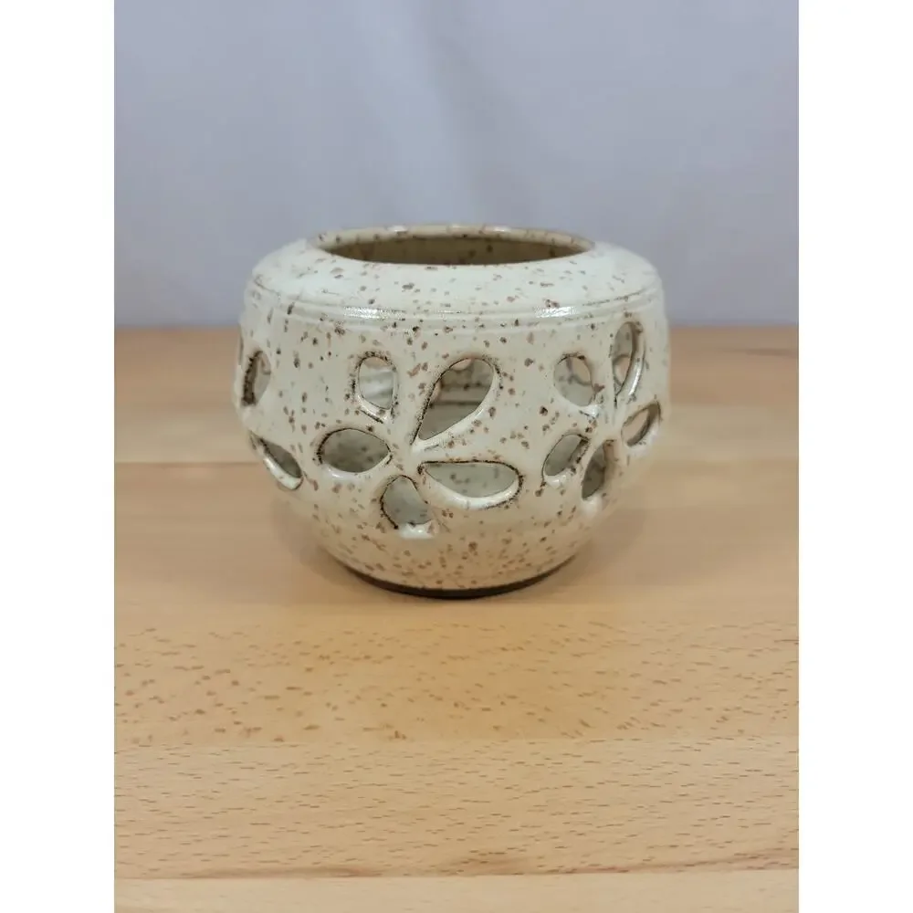 Art Pottery Candle Holder Luminary Flowers Speckled Brown Handmade Signed